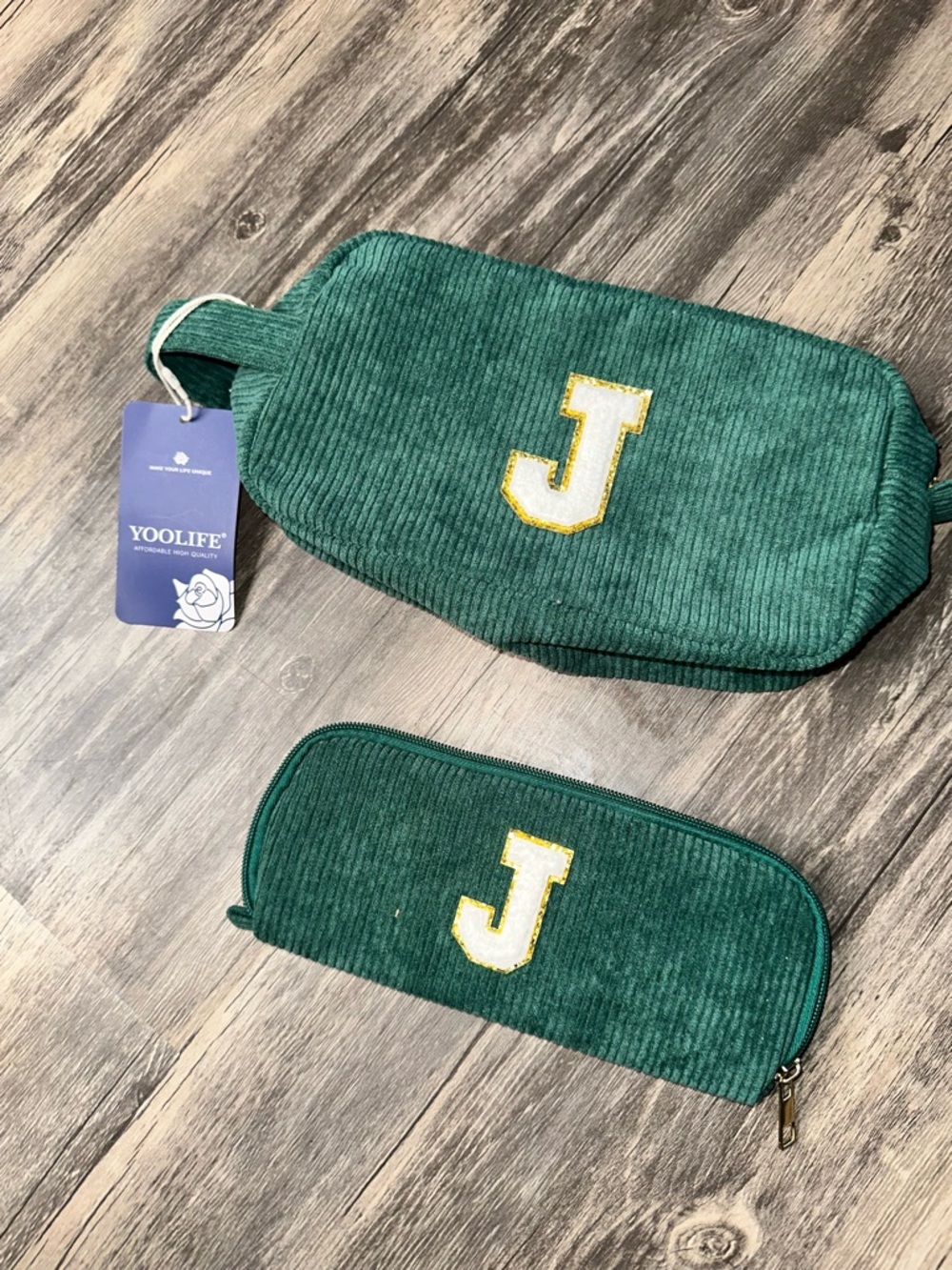YOOLIFE Corduroy Makeup Bag Set Monogram J Cosmetic Travel Pouch Green NWT